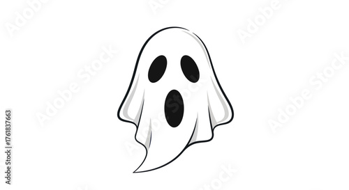 A simple black and white line art illustration of a classic spooky ghost with a screaming expression.