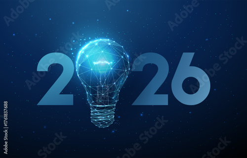 2026 number with glowing lightbulb. Innovation, bright ideas, inspiration, intelligence, progress, technological development, future vision discovery concept.