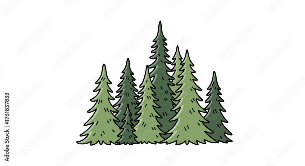 Obraz premium A cluster of stylized evergreen pine trees with varying heights.