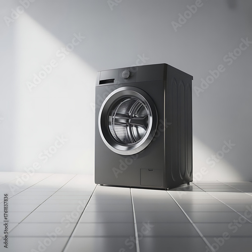 Modern dark gray washing machine with a clean drum in a bright room