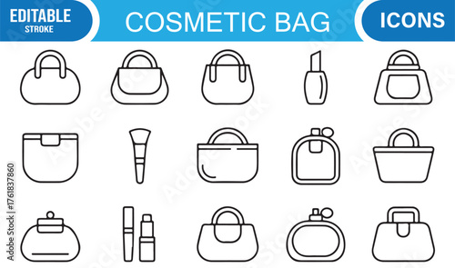 Editable Line Icons Set of Cosmetic Bags, Makeup Brushes, and Beauty Accessories