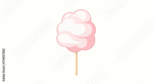 A fluffy cloud of pink cotton candy on a simple wooden stick cartoon illustration.
