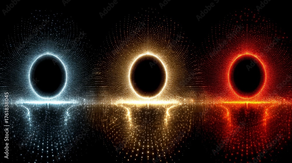 Fototapeta premium Three abstract cosmic portals glowing with blue, yellow, and red energy against a dark background.