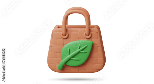 Eco-friendly handbag with green leaf emblem symbolizing sustainability and conscious consumerism.