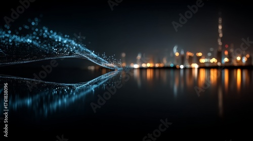 A dynamic flow of blue light particles streams across dark water towards a blurred, illuminated cityscape at night.