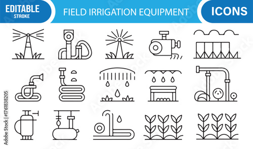 Editable Outline Icons Set of Farm Irrigation Tools and Watering Equipment