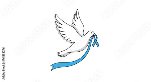 White Dove Flying with Blue Ribbon in Beak Symbol of Peace and Hope.
