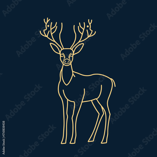 Vector Christmas image of a golden deer on a dark background, festive, elegant