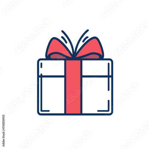 Gift box outline with red bow, minimalist line art, without background