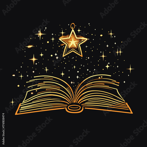 Open magic book vector on a dark festive background, magical illustration, fantasy theme