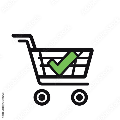 Vector outline shopping cart icon with green check mark, clean and simple