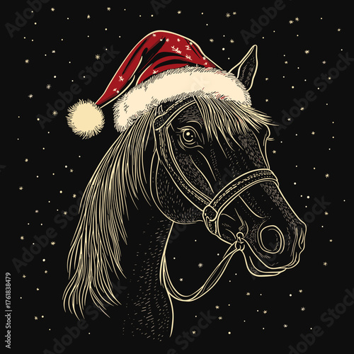 Horse portrait with festive, spirited mood wearing a Santa hat, New Year symbol on a dark background
