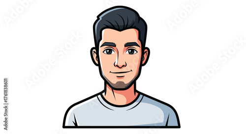Cartoon Portrait of a Young Man with Dark Hair and a Gray Shirt.