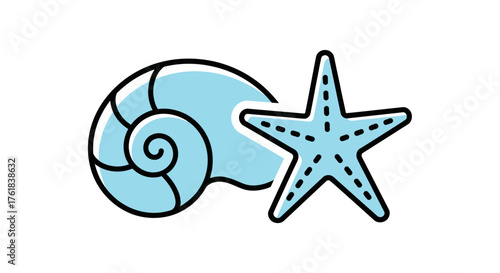 Stylized Blue Seashell and Starfish Icon.
