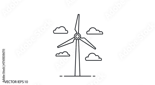 Renewable Energy Wind Turbine Line Art Icon with Clouds.