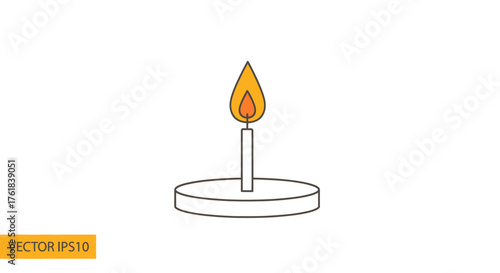 A lit candle with a bright flame on a circular base.