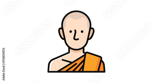 Cartoon Illustration of a Bald Monk in Orange Robes.