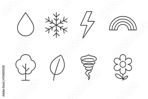 Weather symbols depicting various natural phenomena including rain, snow, lightning, and flowers