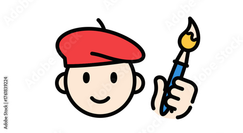 Cartoon artist with red beret holding a paintbrush ready to create art.
