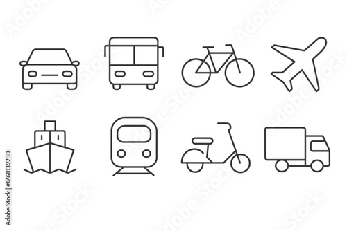 Various modes of transportation represented in simple line art design showcasing cars, buses, bicycles, planes, and more
