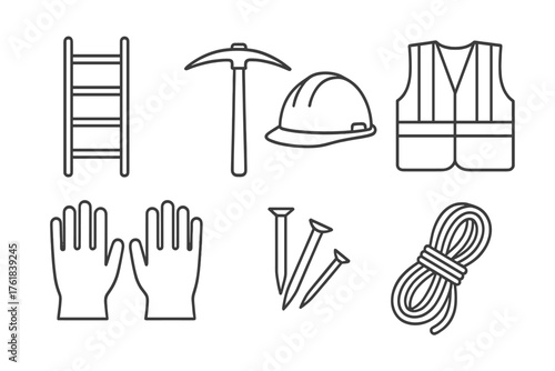 Construction tools and safety gear displayed, showcasing essentials for building and renovation projects in a workshop setting