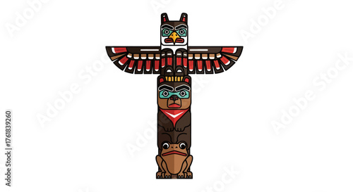 Intricately Carved Totem Pole Featuring Animal Figures and Geometric Patterns.