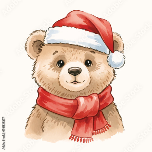 Cute Watercolor Teddy Bear in Santa Hat and Scarf
