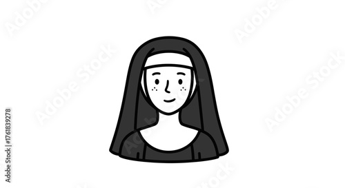 Simple cartoon illustration of a smiling nun with black veil.