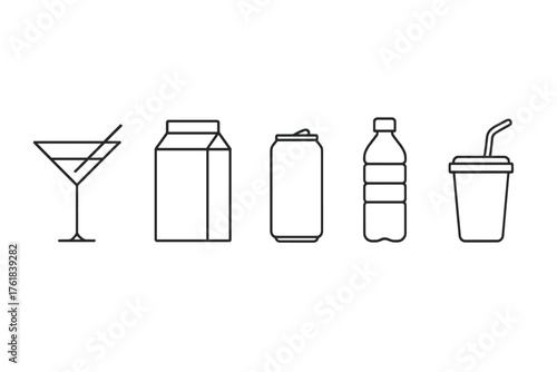 Assortment of beverage containers and drinks in various styles and formats on a white background