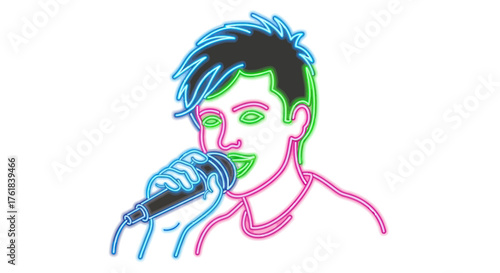 Neon Outline of a Young Man Singing into a Microphone.