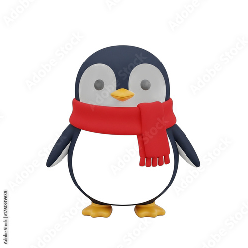 Cute cartoon penguin wearing a red scarf standing upright. PNG Transparent