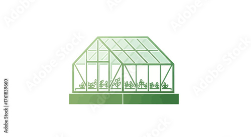 Stylized Green Greenhouse Illustration with Plants Growing Inside.