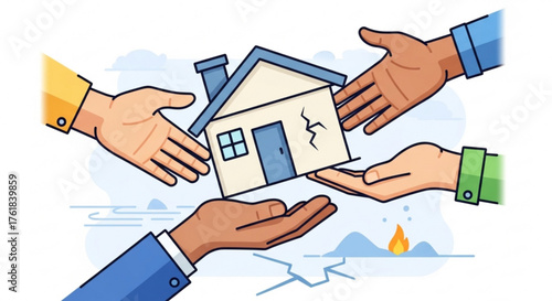 Illustration of hands holding a damaged house, , symbolizing support, protection, and community assistance