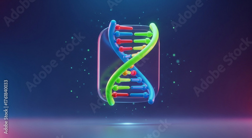 3d render of a colorful dna strand inside a rounded square, representing genetics, biology, science, and the building blocks of life