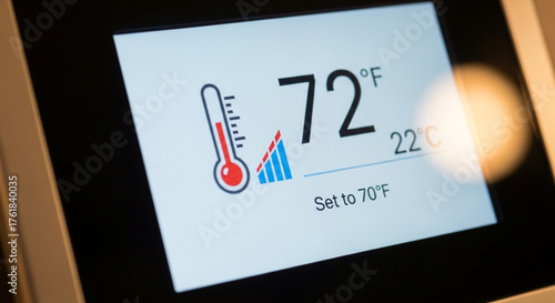 Closeup of a smart thermostat displaying a temperature of 72 degrees fahrenheit, set to 70 degrees, indicating a comfortable and controlled indoor climate