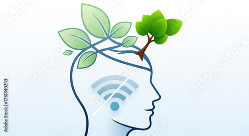 Brain with tree growing out of it and wifi symbol inside concept of growth, connection and intelligence