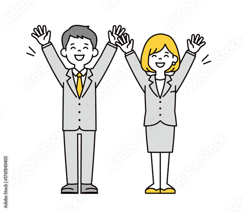 大喜びでバンザイする、スーツを着た20代・30代の男性と女性の全身ベクターイラスト素材セット
