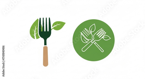 Healthy eating logo concept with fork and leaf vegan food, organic products, vegetarian diet symbol vector