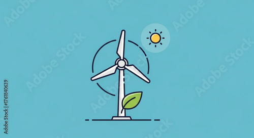 Illustration of a wind turbine with a leaf and sun, symbolizing renewable energy and environmental sustainability on blue background