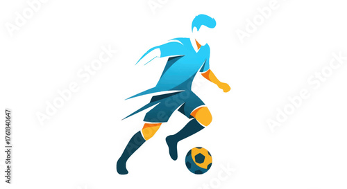 Stylized Soccer Player Dribbling Ball Blue and Yellow Design.