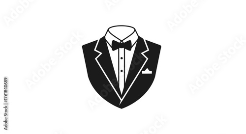 Elegant Black Tuxedo with Bow Tie and Pocket Square Emblem.