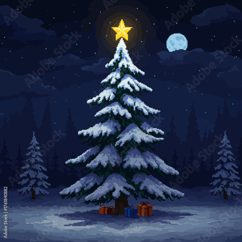 Pixel art Christmas tree covered in snow, topped with a star, with presents underneath, set against a moonlit night sky.