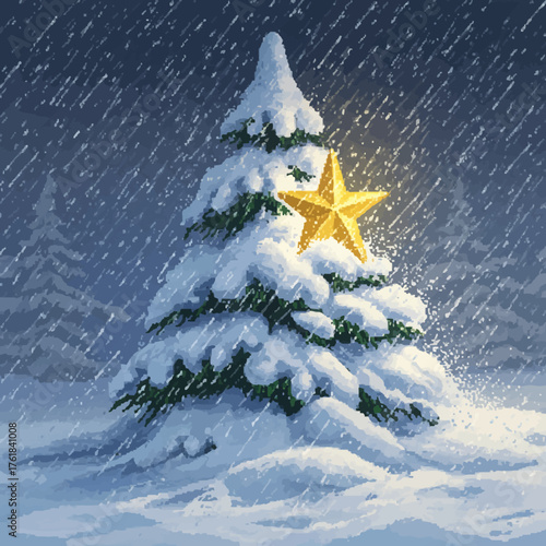 A snowy Christmas tree with a golden star in a wintery forest setting.