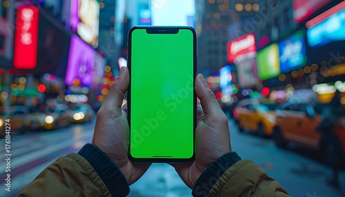 Smartphone with green screen in Times Square, New York City.