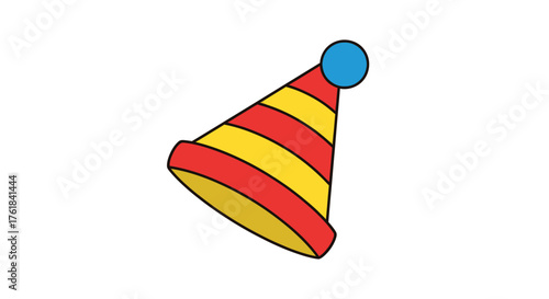 Festive striped party hat with blue pom-pom accent.