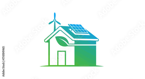 Eco-friendly house with solar panels and wind turbine.