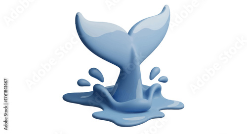3D Rendered Light Blue Whale Tail Splashing Water.