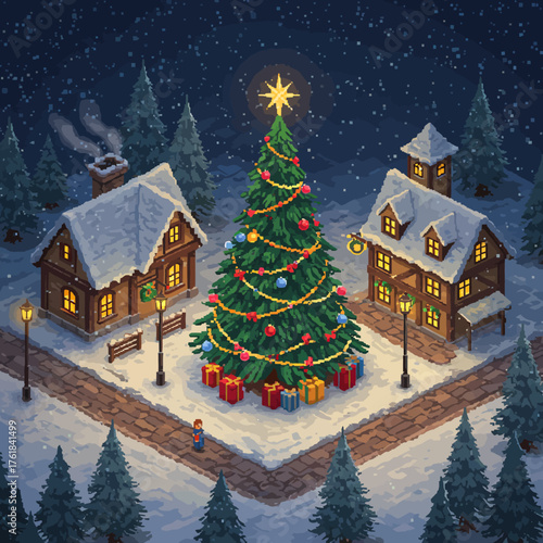 A pixel art Christmas scene with a decorated tree in a snowy village square, flanked by illuminated houses.