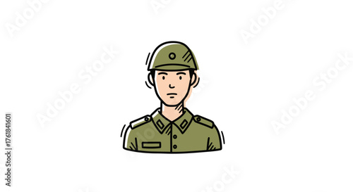 Cartoon Soldier in Green Uniform and Helmet Standing at Attention.