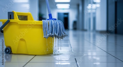 A yellow bucket and mop cleaning a tiled floor in a hallway.